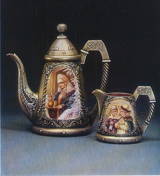 Featured is a postcard image (macro) of an early 20th century coffee-pot and cream jug made by The Kurliucov Firm in Moscow.  The pair are of silver and painted enamel and are housed in Moscow's Museum of History.  The original unused postcard (1982) is for sale in The unltd.com Store.